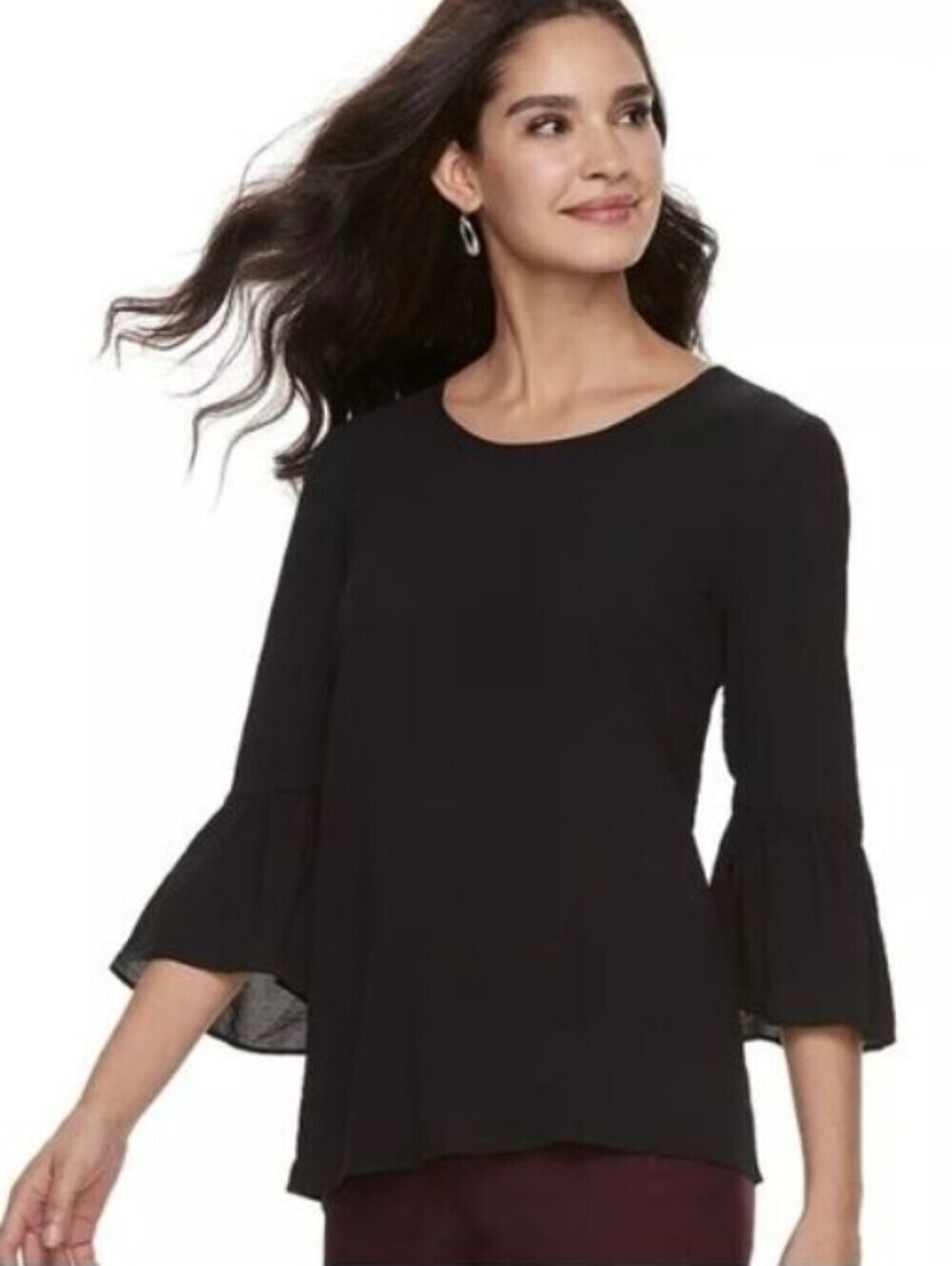 Elle Black Textured Bell Sleeve Top Size Medium